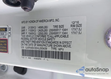 2017 Honda Cr-V Lx z USA, uszkodzony, nr VIN 5J6RW5H30HL000439